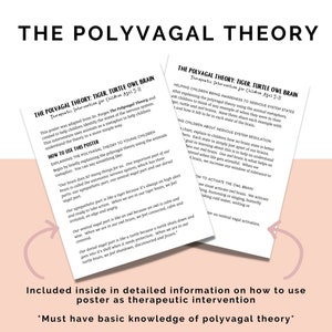 K&ouml;nnte beinhalten: Ein druckbarer Poster, der die Polyvagal-Theorie mithilfe von Tiermetaphern erkl&auml;rt. Das Poster zeigt einen Tiger, eine Schildkr&ouml;te und eine Eule, die verschiedene Zust&auml;nde des Nervensystems repr&auml;sentieren. Der Text auf dem Poster lautet "The Polyvagal Theory: Tiger, Turtle, Owl Brain. Therapeutic Intervention for Children Ages 5-11."