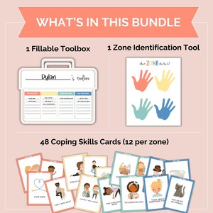May include: A bundle of educational tools includes a fillable toolbox, a zone identification tool with colorful handprints, and 48 coping skills cards. The toolbox is labeled "Dylan's toolbox". The cards feature illustrations and text for various coping strategies.