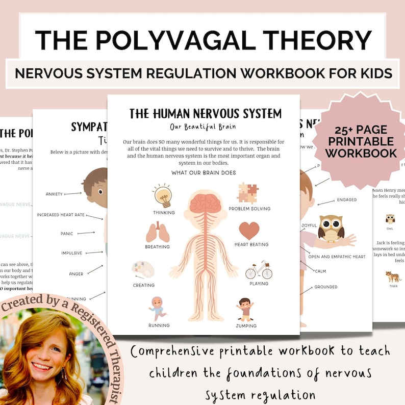 May include: A printable workbook for kids to learn about the Polyvagal Theory and nervous system regulation. The workbook features colorful illustrations of a human nervous system, a brain, and an owl. The text on the cover reads "The Polyvagal Theory Nervous System Regulation Workbook for Kids".
