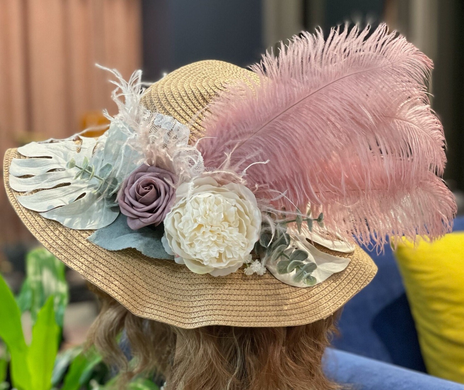 Vintage Pink Straw Sun Hat Wide Brim Floral Lace Ribbon Easter Garden Tea Party Wide Brim Pink Straw Vintage Hats for Women for sale | eBay main image 2