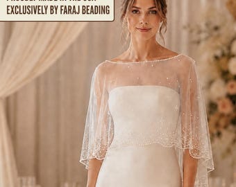 Pearl Tulle Bridal Capelet, Sheer Wedding Shoulder Cover, Scalloped Edge Topper, beaded cape, pearl shawl ,