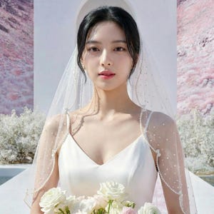 May include: A woman in a white satin wedding dress with a V-neckline, holding a bouquet of white and pink roses. She wears a sheer veil adorned with small pearls. The background features a white archway and a pinkish landscape.