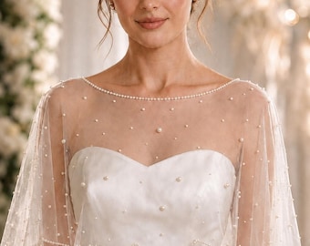 Pearl Bridal Cape, Tulle Wedding Capelet, Veil Alternative, Shoulder Cover Up