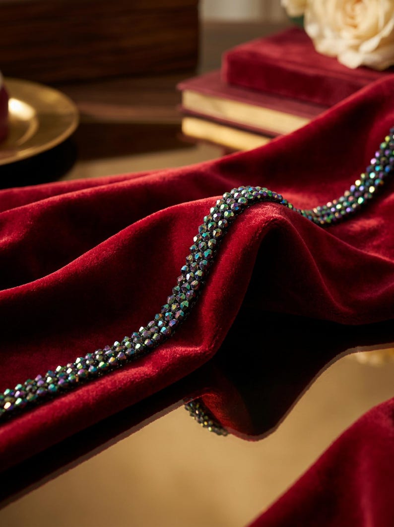 May include: A close-up shot of a deep red velvet fabric with a beaded strand. The beads are iridescent, reflecting multiple colors. The fabric is draped, creating soft folds and shadows. The overall aesthetic is luxurious and elegant.
