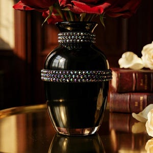May include: A black vase with two bands of iridescent jewels, holding a bouquet of deep red roses. The vase sits on a gold-toned surface, with a blurred background of books and flowers.