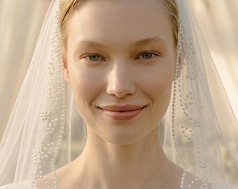May include: A woman wearing a white wedding veil adorned with delicate pearl accents. The veil is draped over the head and shoulders, framing the face. The bride is wearing a white dress. The background is softly blurred, suggesting an outdoor setting.