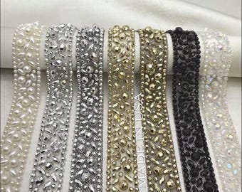 Self-Adhesive or Sew On (Made in USA) Crystal Beaded Trim by the Yard, Rhinestone, Bridal Couture Fashion