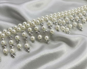 Self-Adhesive or Sew On (Made in USA) Fringe Trim with Silver Beads and Pearls - Made in USA