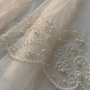 May include: Close-up of a sheer, white fabric adorned with numerous, small, off-white pearls. The pearls are arranged in floral and curved patterns, creating a delicate, textured design. The fabric is softly lit, highlighting the pearl embellishments.