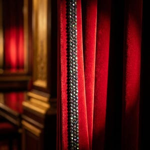 May include: Close-up of a luxurious red velvet curtain with a vertical strip of dark, iridescent beads. The beads create a shimmering effect against the rich, dark red fabric. The background features a glimpse of a classic interior.