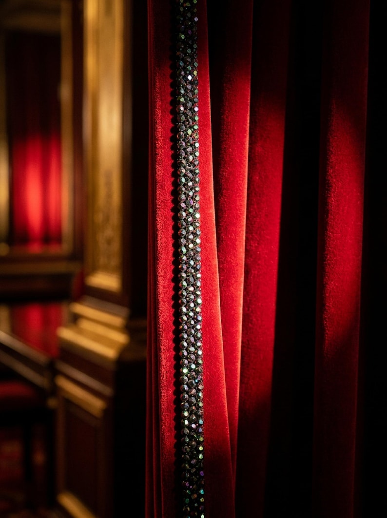 May include: Close-up of a luxurious red velvet curtain with a vertical strip of dark, iridescent beads. The beads create a shimmering effect against the rich, dark red fabric. The background features a glimpse of a classic interior.