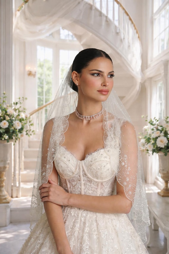 Pearl Fingertip Wedding Veil, Ivory Beaded Illusion Tulle