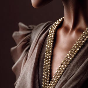 May include: A close-up of a person wearing a brown dress and a gold beaded necklace. The necklace is made of small, faceted beads and drapes down the neckline. The dress has a flowing, draped design.