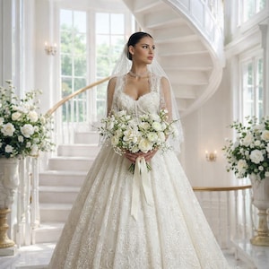 May include: A bride in an ivory wedding gown with intricate lace detailing, holding a bouquet of white roses. The dress features a sweetheart neckline and a full skirt. A sheer veil and a spiral staircase are in the background.