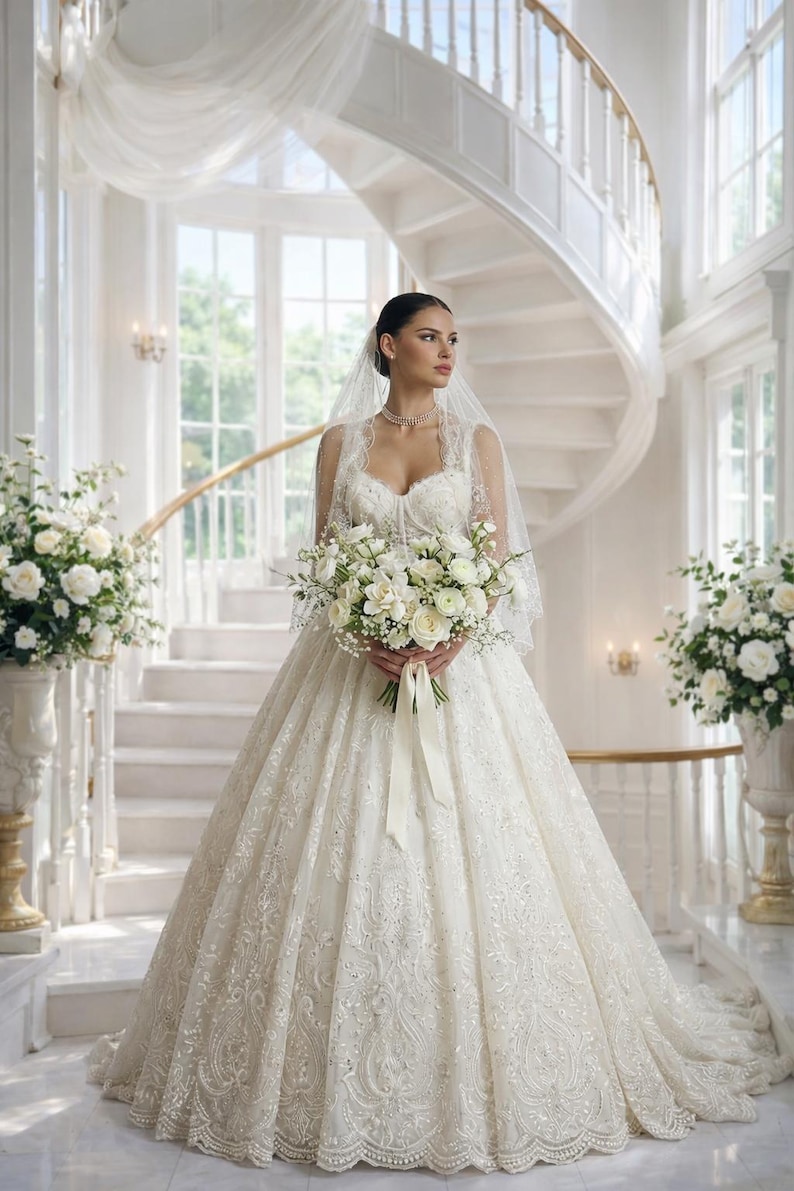 May include: A bride in an ivory wedding gown with intricate lace detailing, holding a bouquet of white roses. The dress features a sweetheart neckline and a full skirt. A sheer veil and a spiral staircase are in the background.