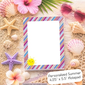 Personalized Happy Summer Sun with Colorful Stripes Notepad, Desk Accessory, 4.25x5.5 Inch, Handmade Stationery
