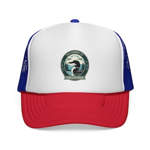 I'm Coming to the Cottage Stupid Canadian Wolf Bird Patch Illustration Trucker Cap | Vintage Lake Cottage Logo