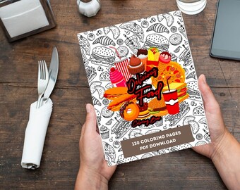 Puede incluir: Un libro para colorear en blanco y negro con una portada que presenta una variedad de alimentos, incluyendo hamburguesas, papas fritas, pizza y helado. La portada también incluye el texto "Delicious Food Coloring Book" y "130 Coloring Pages PDF Download".