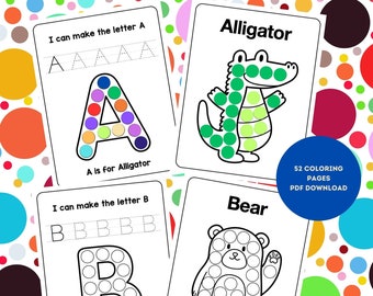 Peut inclure: Une feuille de travail imprimable pour les enfants afin de s'entraîner à tracer les lettres A et B. La feuille de travail présente un alligator coloré et un ours avec des contours en pointillés que les enfants peuvent colorier.