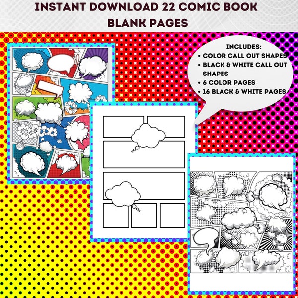 Basic Comic Book Panels, Blank Comic Book Template, Digital Comic Paper, Drawing Strips, 22 Pages (Printable, PDF Download)
