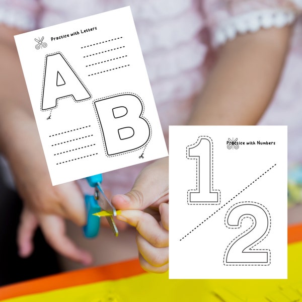Schaarvaardigheden: oefenen met vormen, letters, cijfers, afbeeldingen voor peuters en kinderen | 50 digitale kleurpagina's (afdrukbaar, PDF-download)