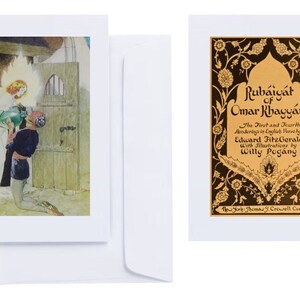 Willy Pogany – „Rubaiyat Omara Chajjama” (1930): 12 kartek okolicznościowych (C6 + koperty) z nadrukami na końcówkach (złoty wiek ilustracji)