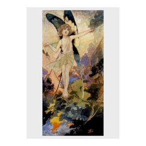 May include: A watercolor painting of a fairy with butterfly wings. The fairy is wearing a green dress and has long blonde hair. The background is a soft, colorful landscape with flowers and foliage.