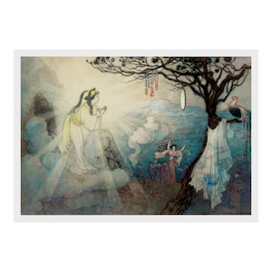 May include: A watercolor painting depicting a woman in a flowing white dress with a yellow sash, standing on a cloud and looking up at a tree with a large, round mirror hanging from a branch. The tree is surrounded by a group of people in colorful clothing, and a rooster is perched on a branch.