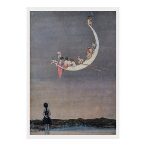 William Heath Robinson, Luna, Primo, Viaggio, Fata, Racconto, Stampa, Illustrazione, Bambini, Adulto, Libro, Disegno, Fantasia, Penna, Inchiostro, Acquerello