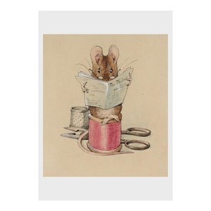 May include: A brown mouse sits on a spool of red thread, reading a newspaper titled "The Tailor and Cutter".