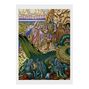 Ivan Bilibin - &#39;Dobrynya Nikitich frees Zabava Putiatichna from Snake Gorynych&#39;: Posters and Greeting Cards (Golden Age of Illustration )