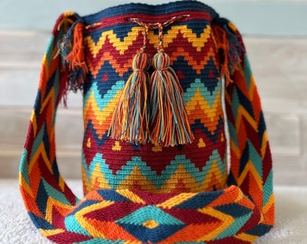 Crochet Bucket Bag, Crochet Purse, Wayuu Crocheted Bag, Boho Crochet Shoulder Purse, Crochet Drawstring Purse, Retro Crochet Bag, boho bag