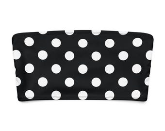 Top de bikini bandeau de lunares negros, top de baño retro sin tirantes, bikini bohemio Y2K, ropa de playa ecológica