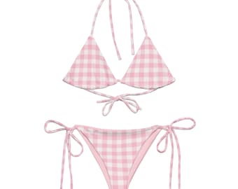 Pink Gingham Bikini Set, Triangle Bikini Top, Pink Swimwear, Cute Bikini