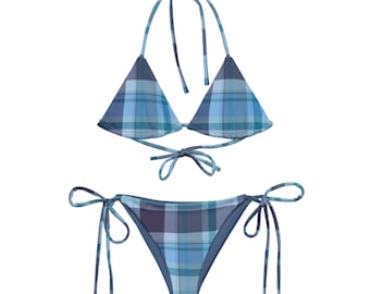 Blue Plaid Bikini, Triangle Bikini Top, Coastal Blue Swimwear, string bikini bottom