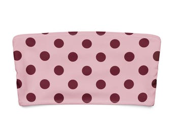 Top de bikini bandeau con lunares rosas, bikini sin tirantes con estampado de lunares granates, traje de baño retro, top de playa ecológico Y2K