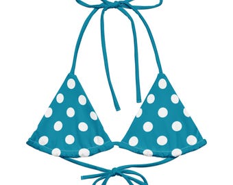 Turquoise Polka Dot Bikini Top,  White Dot Triangle Top, Turquoise Bikini Top, Printed Bikini Top