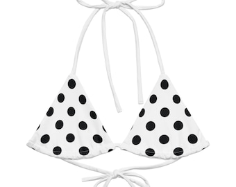 White Polka Dot Bikini Top – Black Dots – Retro Triangle Top – Coquette Aesthetic – Vintage Swimwear – Plus Size