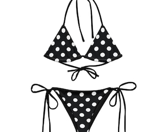 Black Polka Dot Bikini Set, Printed Retro Bikini, Black Triangle Bikini Top,  90s Y2K Style Plus Size Swimwear