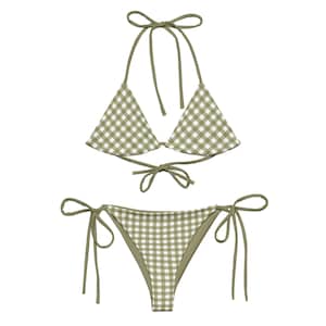 May include: A green and white gingham bikini with a triangle top and a tie-side bottom.