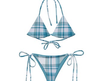 Light Blue Plaid Bikini Set, Triangle Bikini Top, Blue and White Swimwear, Retro Inspired Bikini