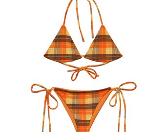 Conjunto de bikini de cuadros de calabaza, top de bikini triangular, cuadros naranja y marrón