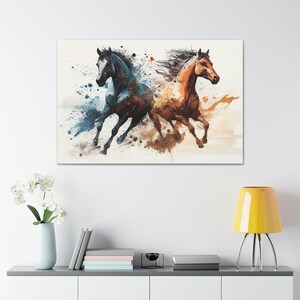 Black and Brown Horses Running, Splatter Painting Canvas Wall Art, Modern Horse Print Room Decor, Majestic Horse Wall Hanging