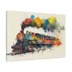 Train Locomotive, Splatter Painting Canvas Wall Art, Modern Railroad Print Room Decor, Rainbow Train Wall Hanging