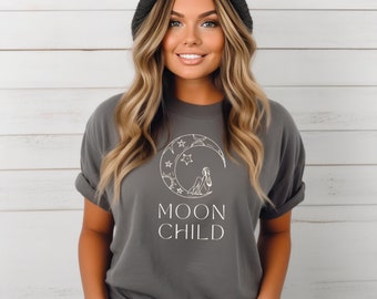 Camiseta Moon Child, Camisa Celestial Camisetas Luna, Astronomía de Astrología de Fase Lunar, Color Confort, Prenda Teñida, Boho, Sobredimensionado, Vintage