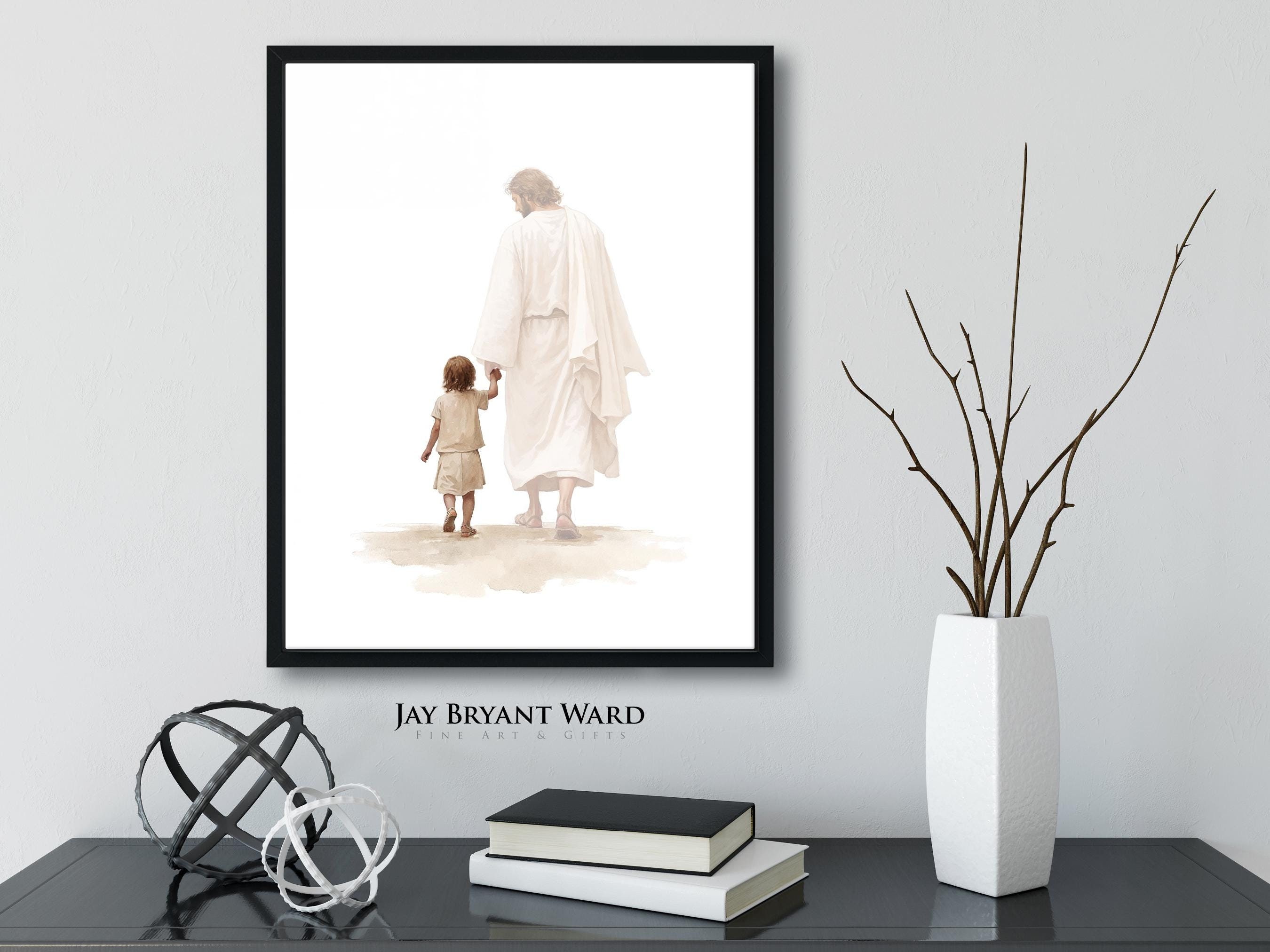 Faith to Walk with Jesus ART PRINT -  by Jay Bryant Ward |  Little boy walking with Christ, Christian Art gift, paper canvas watercolor