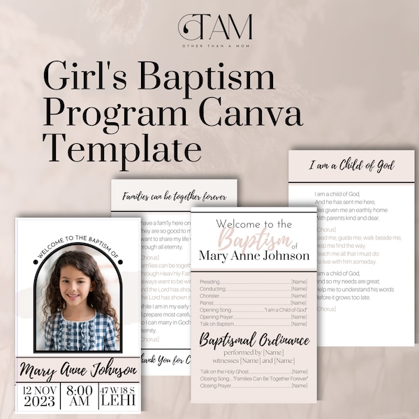 LDS Baptism Program Girls 8yr Old Modern Pink Canva Template Customizable Editable Mormon