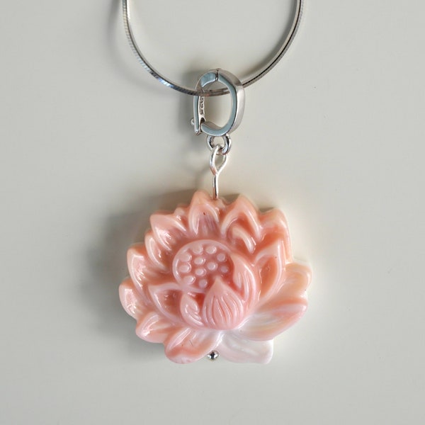 Lotus Collection | Natural Carved Peach & White Natural Queen Conch Shell Flower/Lotus Pattern Pendant 2 | S925/Sterling Silver Chain