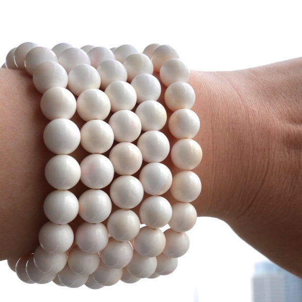 Quality Natural Queen Conch Shell Stack Bracelet | Carved White Queen Conch Shell Round Bead Bracelets | 1 Set of 5 Bracelets
