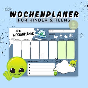 Könnte beinhalten: Ein blauer Wochenplaner mit Alien-Illustrationen und dem Text "WOCHENPLANER FÜR KINDER & TEENS". Der Planer hat Abschnitte für jeden Tag, Ziele und einen Platz für die Datumsangaben der Woche.